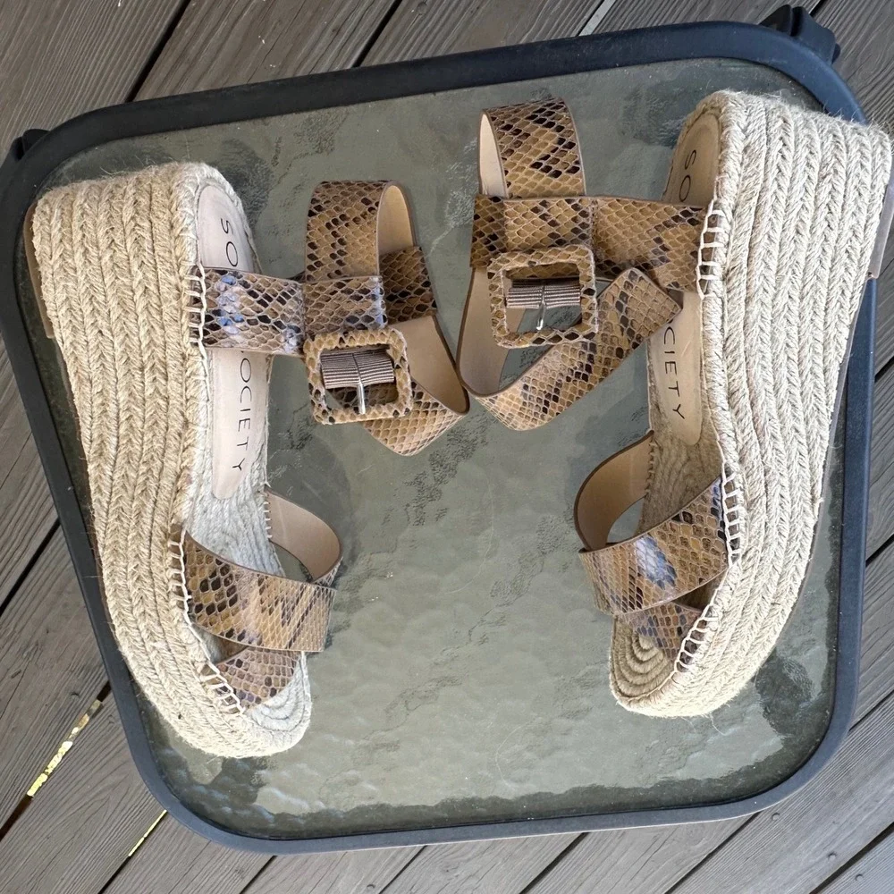 Sole Society Audrina Snakeskin Espadrille‎ Wedge Sandals Brown Womens 9M